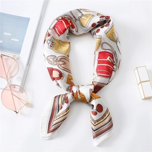 70cm silk-like square scarf with handbag print styled with sunglasses and magazine
