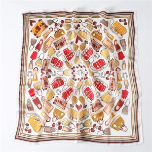 Elegant silk-like 70cm square scarf featuring hand-drawn handbag and accessory prints