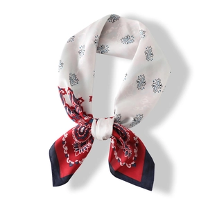 Klassisches Seidenquadrat mit Paisley-Muster in Blau und Rot auf weißem Hintergrund