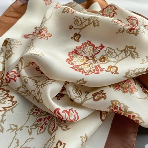 Elegant floral silk-feel neck scarf with vintage flower patterns and brown borders