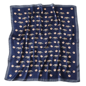 70cm navy square silk scarf featuring cartoon dinosaurs and emoji prints for women