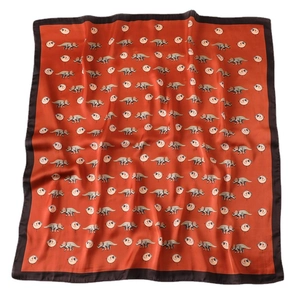 Cartoon triceratops pattern rust red square silk scarf with dark brown border detail