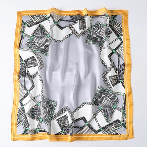 Detail of 70x70cm square silk scarf featuring green geometric patterns and orange border