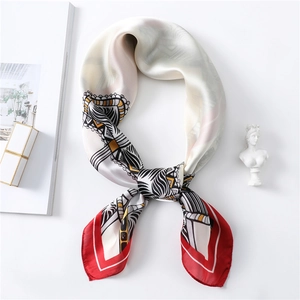 Detail of silk scarf showing smooth satin texture and elegant red border with ethnic pattern