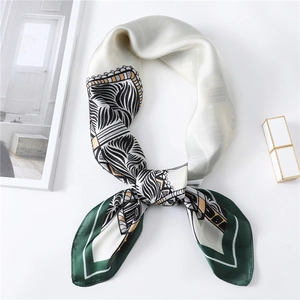Satin silk scarf 70x70cm with geometric stripes and green borders for elegant neck styling