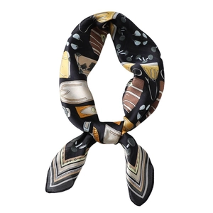 Elegant black silk-feel scarf with gold and blue geometric prints and striped borders
