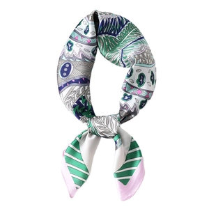 Sciarpa di seta vintage con stampa bohémien floreale e geometrica verde blu