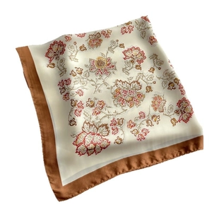 Elegant floral silk square scarf with vintage brown borders and cream base for women