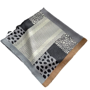 Leopard print silk square scarf with geometric chain patterns and silk-like glossy finish