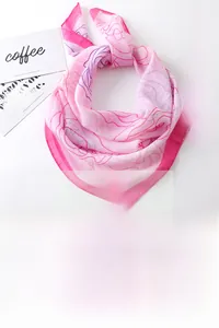 Detail view of 70x70cm pink floral chiffon square scarf with delicate line pattern