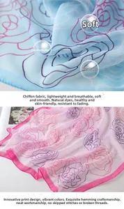 Macro detail of floral chiffon scarf showing breathable texture and rose patterns