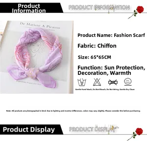 Detailed specs of floral chiffon square scarf 65x65cm in pink and purple colors
