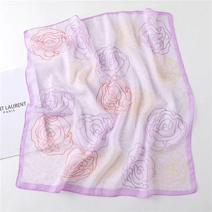 Lavender floral square silk scarf with orange rose prints and elegant lavender borders