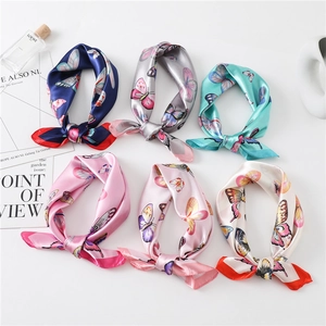 Women Elegant Butterfly Print Satin Square Scarf Lightweight Polyester Neck Scarf Decorative Fashion Head Scarf Accessory
