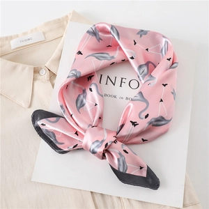 Pink silk neck scarf with flamingo print and black contrast edges for women