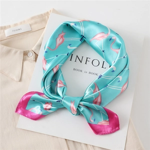 Elegant lake blue silk square scarf featuring pink flamingo prints and fuchsia border
