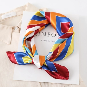 Elegant geometric striped satin square silk scarf in red blue yellow and orange tones