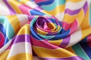 Macro shot of colorful striped satin square scarf with wavy patterns and silky texture