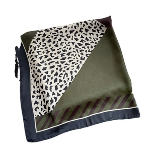 Elegant leopard print square silk scarf with green stripes and deep blue border trim