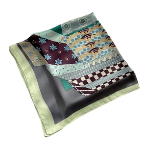Elegant Morandi silk scarf with retro geometric patterns and satin finish on white background