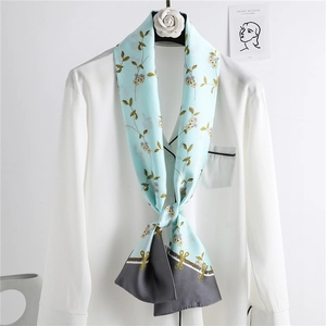 Women Floral Print Long Narrow Ribbon Scarf Elegant Faux Satin Satin Necktie Headband Handkerchief Accessory