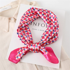 Plaid checkered silk-feel square neck scarf for women styled on a beige shirt
