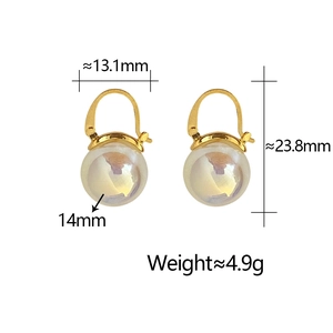 Detailed view of gold hoop earrings with iridescent mermaid pearl drops and dimensions