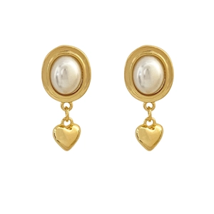 Boucles d'oreilles cœur vintage français avec finition dorée et perle blanche pour femme