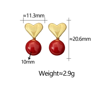 Detailed dimensions of red heart drop earrings with golden heart studs and polished pearls