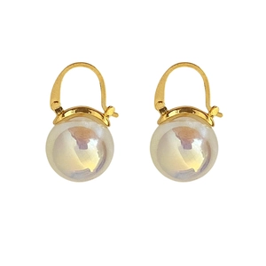 French vintage style earrings featuring golden hooks and iridescent mermaid pearl pendants