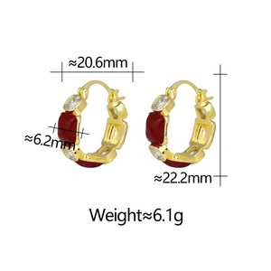 Detailed dimensions of gold hoops with deep red enamel and sparkling zircon stones
