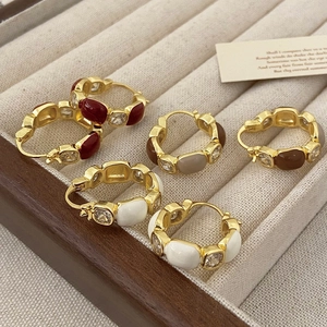 Vintage French Hoop Earrings Copper Gold Plated Enamel Zircon With 925 Sterling Silver Earring Post For Women
