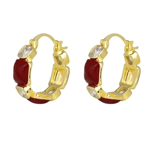 Elegant gold hoop earrings with red enamel and clear zircon accents for women
