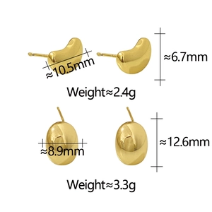 Detailed size specifications for gold bean and oval stud earrings with weight info