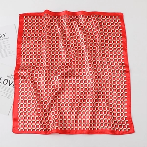 Detailed view of square silk scarf with red border and geometric checkered patterns