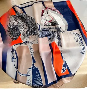 Detailed view of 70x70cm faux silk square scarf with artistic horse print pattern