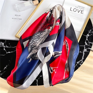 Fashionable square silk scarf with multi-color patchwork and artistic horse print