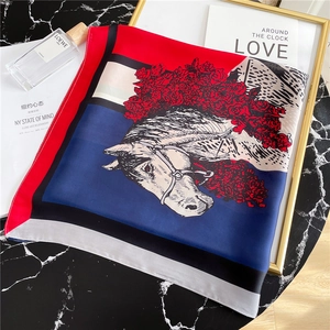 Detail of artistic horse head and red flower print on premium silk feel square scarf