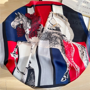 Elegant Square Neck Scarf Simulated Satin Horse Flower Print Fashionable Head Wrap Hair Band Accessory For Women
