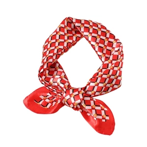 Plaid pattern silk satin square scarf with geometric red and white checkered design