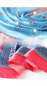 Detail of satin silk scarf featuring blue floral patterns and red checkered edges