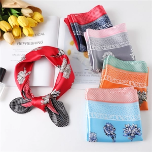 Elegant Floral Print Satin Square Scarf Floral Pattern Diamond Lattice Border Neckerchief Bag Ribbon Hair Tie For Women