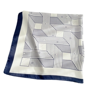 Elegant navy and beige geometric striped silk square scarf with satin finish