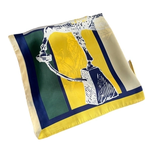 Silk-like square neck scarf with equestrian horse motif in yellow and green