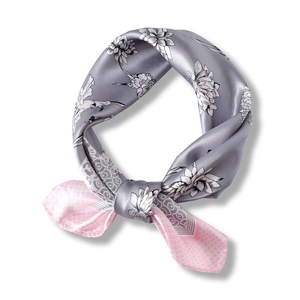 Elegant floral silk scarf featuring grey satin pattern and pink checkered contrast trim