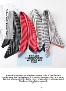 Detailed view of four 60x60cm striped satin scarves in black, red, and blue patterns