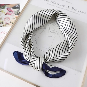Elegant striped silk square scarf for women in navy blue and white with chic border