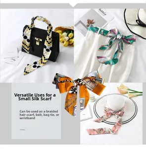 Narrow printed silk scarf used as bag charm, waist belt, and hair tie styling details