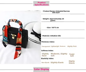 Detailed view of patterned long skinny scarf wrapped on a black handbag handle