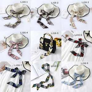 Collage of chic narrow silk scarves used as hair ribbons, bag accents, and stylish belts